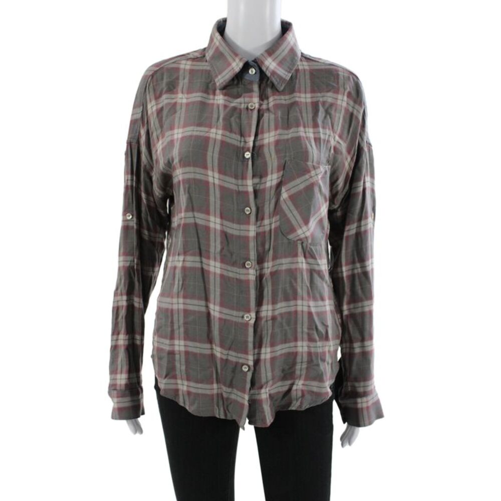 NSF Womens Plaid Collared Button Up Long Sleeve Top Gray 86% Cotton Size S